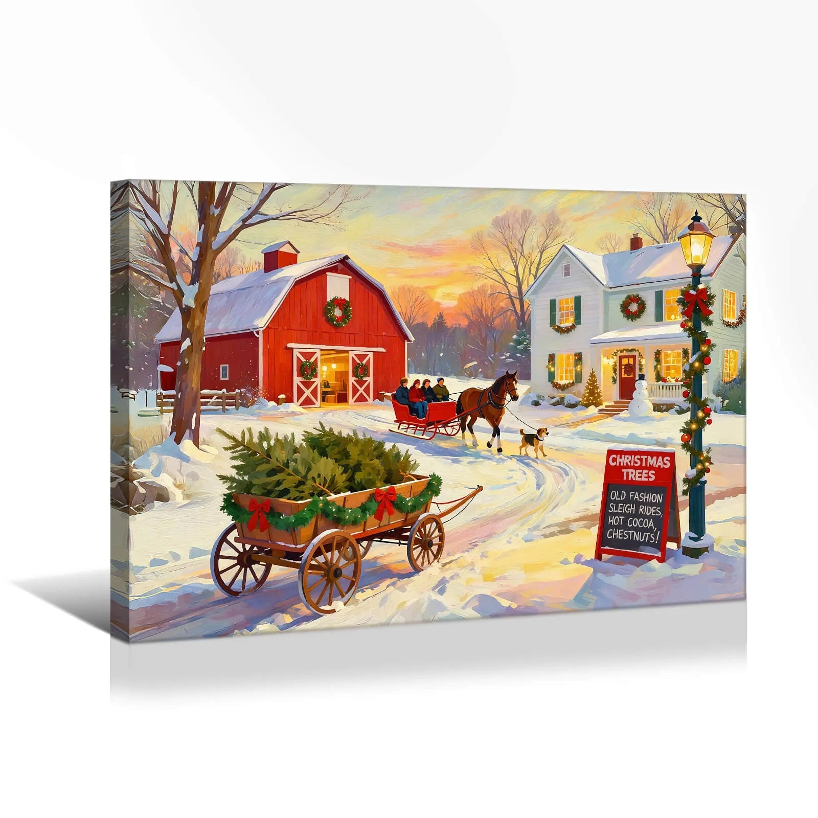 Canvas Prints Canvas Wall Art Warm Snowy Christmas Village With Horse Carriage, Sleigh & Dogs Holiday Home Decor | PrintToucan - PrintToucanChrismas Gift
