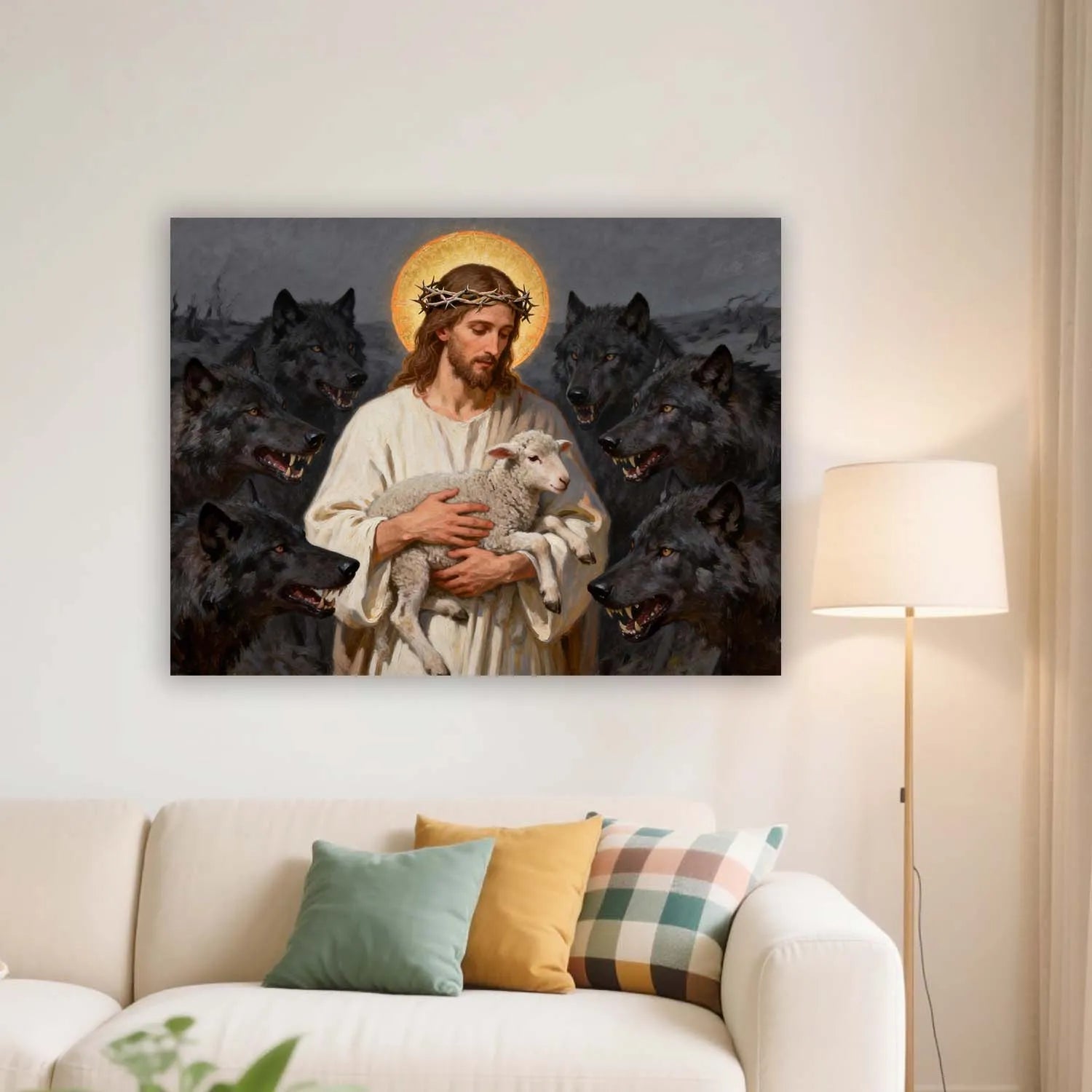 Canvas Prints Christian Wall Art Jesus Protecting the Lamb from Wolves Oil Painting Religious Home Decor PrintToucan - PrintToucanChristianPrinttoucan-12 x 16-1.5‘’