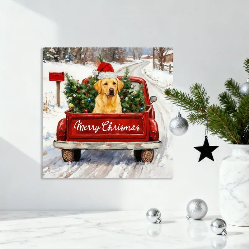 Canvas Prints Christmas Red Truck with Golden Retriever Home Decor Wall Art | PrintToucan - PrintToucanHome Decor