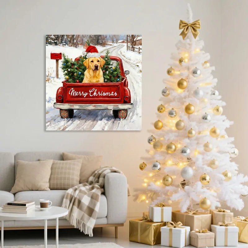 Canvas Prints Christmas Red Truck with Golden Retriever Home Decor Wall Art | PrintToucan - PrintToucanHome Decor