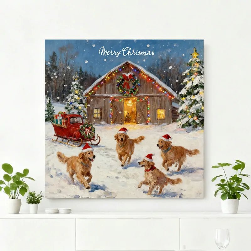 Canvas Prints Christmas Snow Golden Retrievers Cabin Scene Home Decor Wall Art | PrintToucanv - PrintToucanHome Decor
