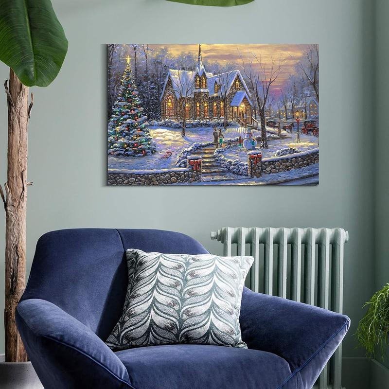 Canvas Prints Festive Christmas Snowy Church Scene Winter Holiday Home Decor Wall Art PrintToucan - PrintToucan1731993143248982853
