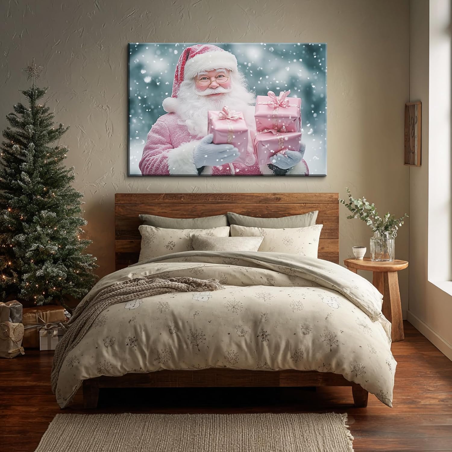 Canvas Prints Pink Santa Claus Vintage Christmas Wall Art Home Decor Holiday Painting PrintToucan - PrintToucan