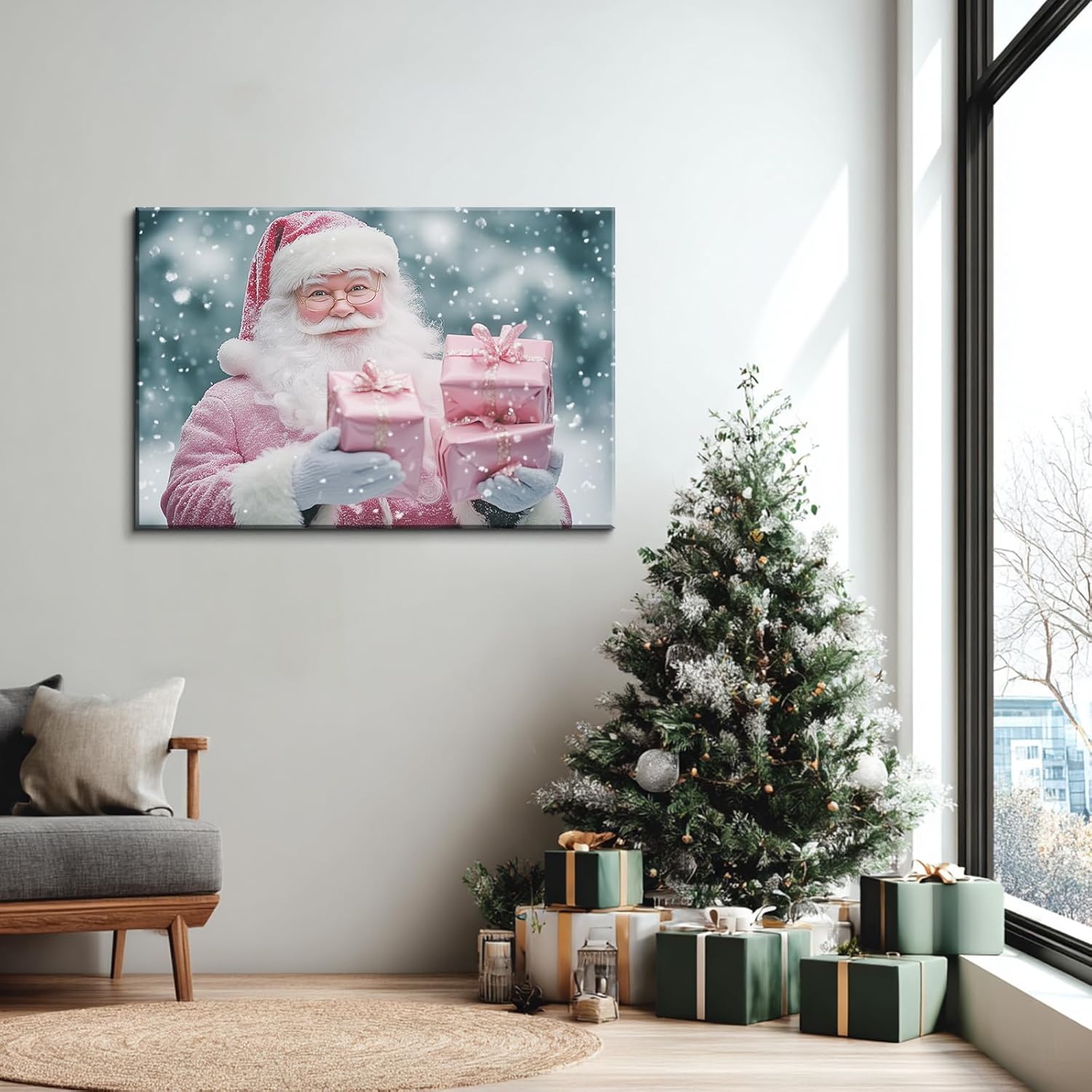 Canvas Prints Pink Santa Claus Vintage Christmas Wall Art Home Decor Holiday Painting PrintToucan - PrintToucan