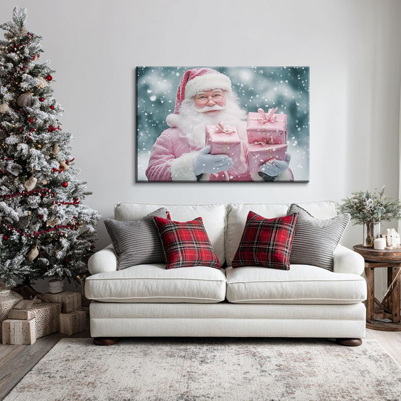 Canvas Prints Pink Santa Claus Vintage Christmas Wall Art Home Decor Holiday Painting PrintToucan