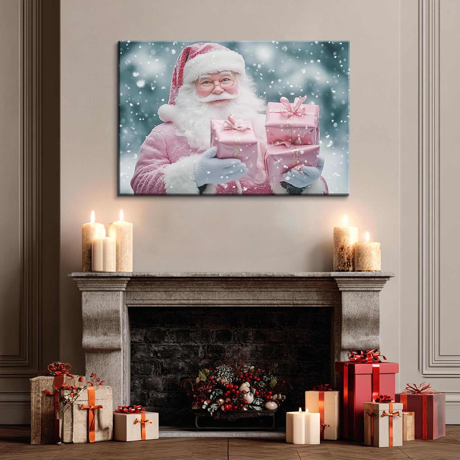 Canvas Prints Pink Santa Claus Vintage Christmas Wall Art Home Decor Holiday Painting PrintToucan - PrintToucan