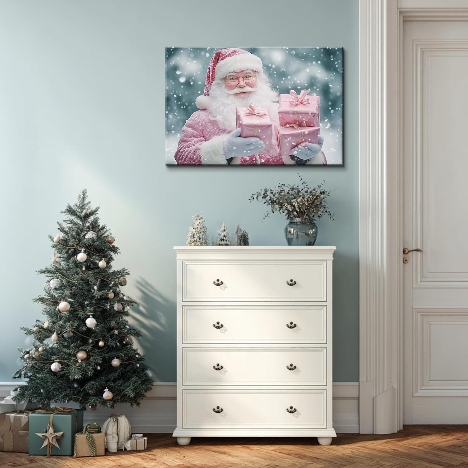 Canvas Prints Pink Santa Claus Vintage Christmas Wall Art Home Decor Holiday Painting PrintToucan - PrintToucan