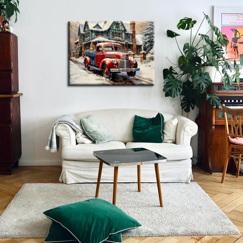 Canvas Prints Premium Vintage Red Truck Winter Scene Christmas Home Decor Wall Art PrintToucan - PrintToucan1732024482582336325