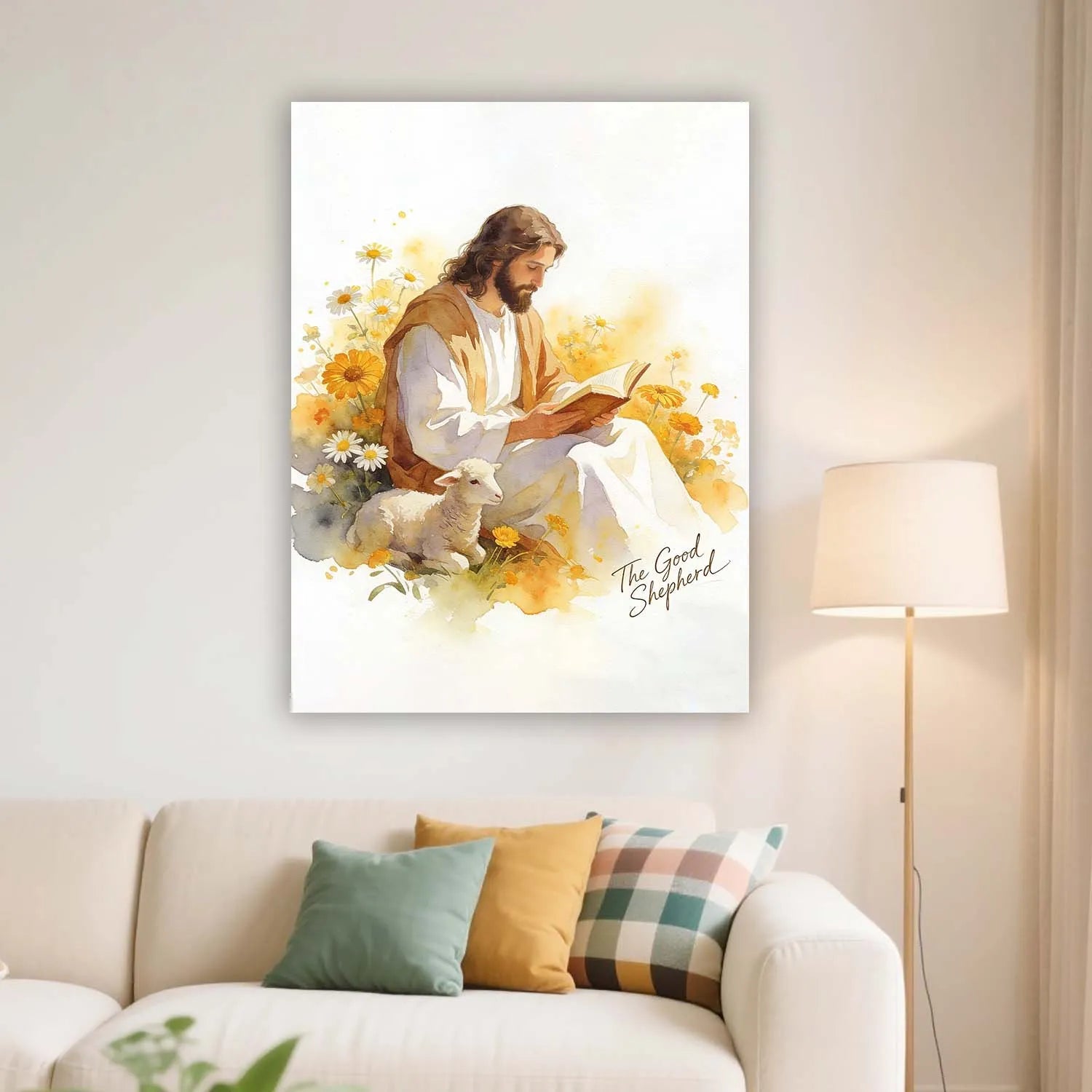 Canvas Prints PrintToucan Christian Wall Art The Good Shepherd Watercolor Jesus with Lamb for Home Decor - PrintToucanChristianPrinttoucan-12 x 16-1.5‘’