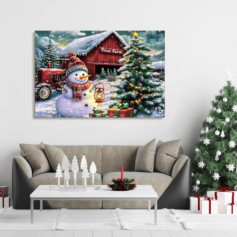 Canvas Prints Rustic Winter Tree Farm Snowman Scene Christmas Wall Art Home Decor | PrintToucan