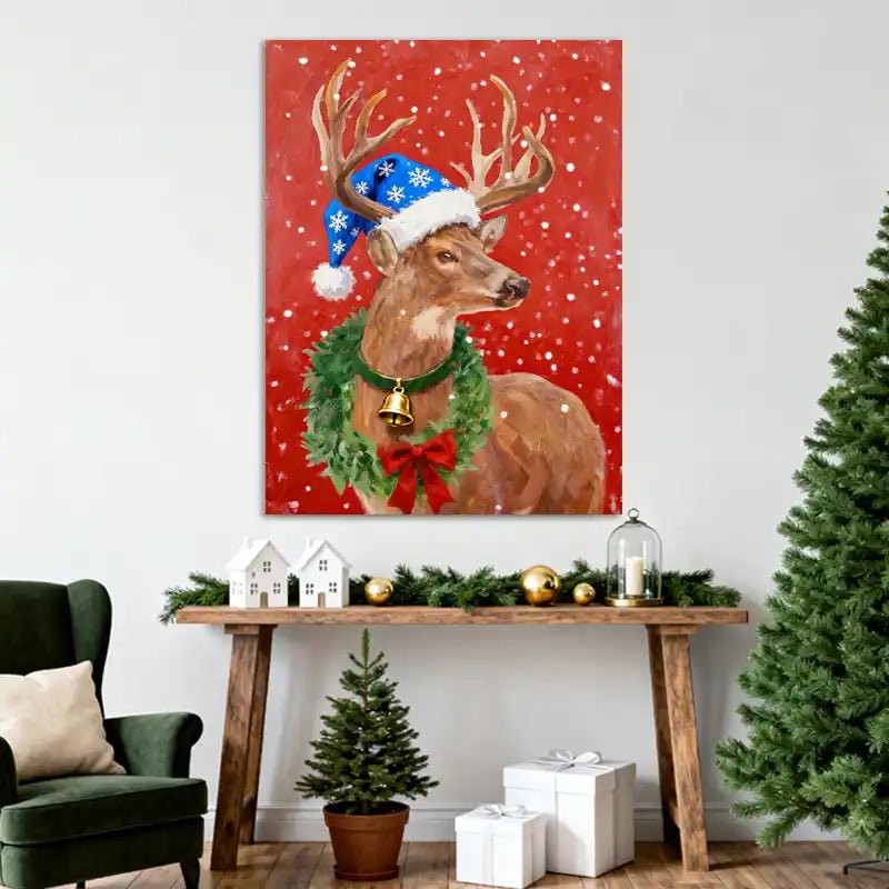 Canvas Prints Vertical Canvas Reindeer with Christmas Hat & Wreath Holiday Home Wall Art | PrintToucan - PrintToucanChrismas GiftCMPOP02-12L" x 16W"-1
