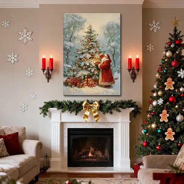 Canvas Prints Vertical Canvas Santa Decorating Christmas Tree Holiday Home Wall Art | PrintToucan