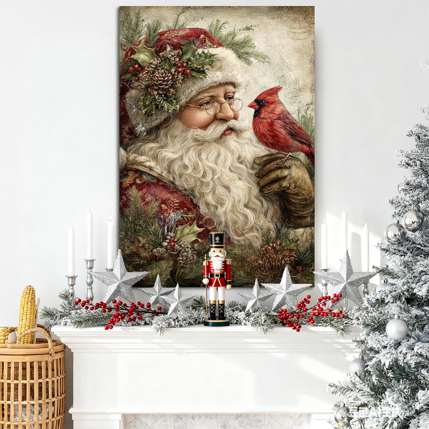 Canvas Prints Vintage Santa & Cardinal Bird Christmas Theme Home Decor Wall Art – PrintToucan - PrintToucanCMPOP01-12L" x 16W"