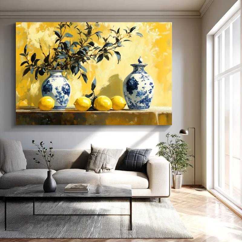 Canvas Prints Yellow Background Still Life Blue and White Porcelain with Lemons Home Decor Wall Art PrintToucan - PrintToucanHome Decor1731633805351293765