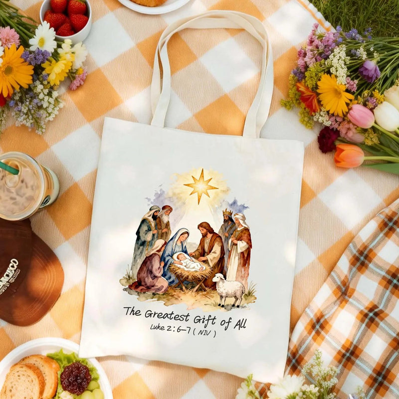 Canvas Tote Bag Christian Nativity Scene The Greatest Gift of All Luke 2:6-7 PrintToucan