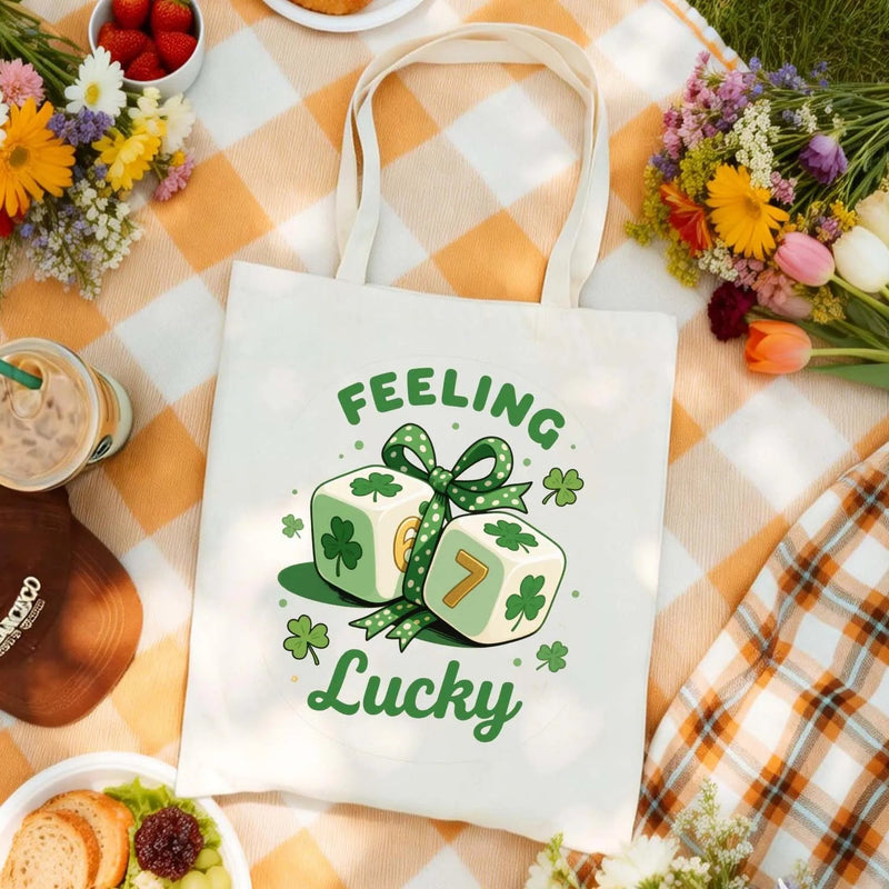 Canvas Tote Bag Feeling Lucky Shamrock Dice Green Bow Print Reusable Cotton Shoulder Bag Irish Festival Gift PrintToucan