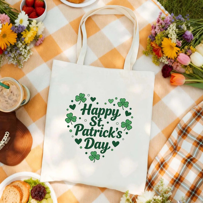 Canvas Tote Bag Happy St Patricks Day Heart Shamrock Clover Print Reusable Cotton Shoulder Bag Irish Festival Gift For Women Girls PrintToucan