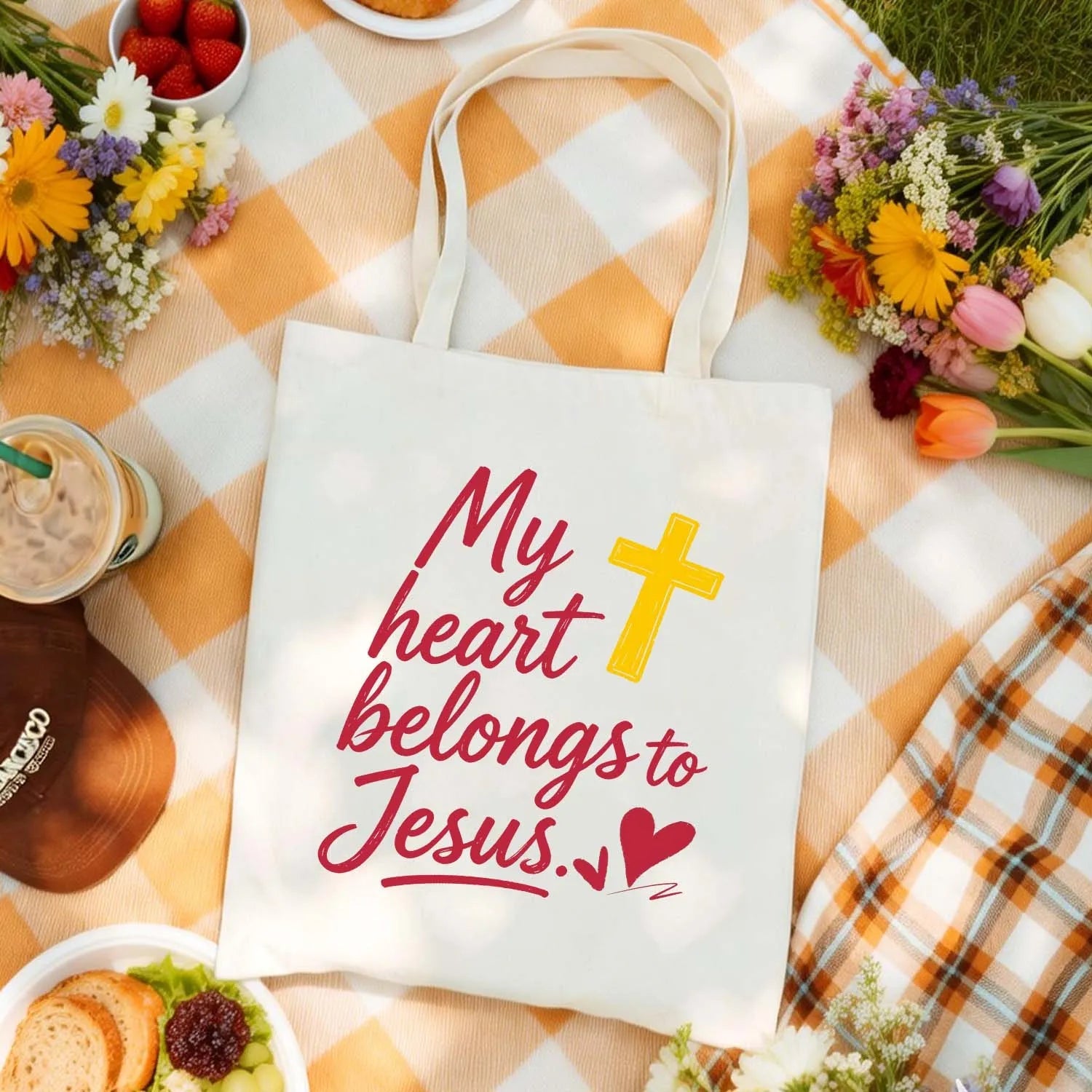 Canvas Tote Bag My Heart Belongs to Jesus Christian Cross Heart Design PrintToucan - PrintToucanChristianPrinttoucan-13.8x15.7inch（35x40）cm