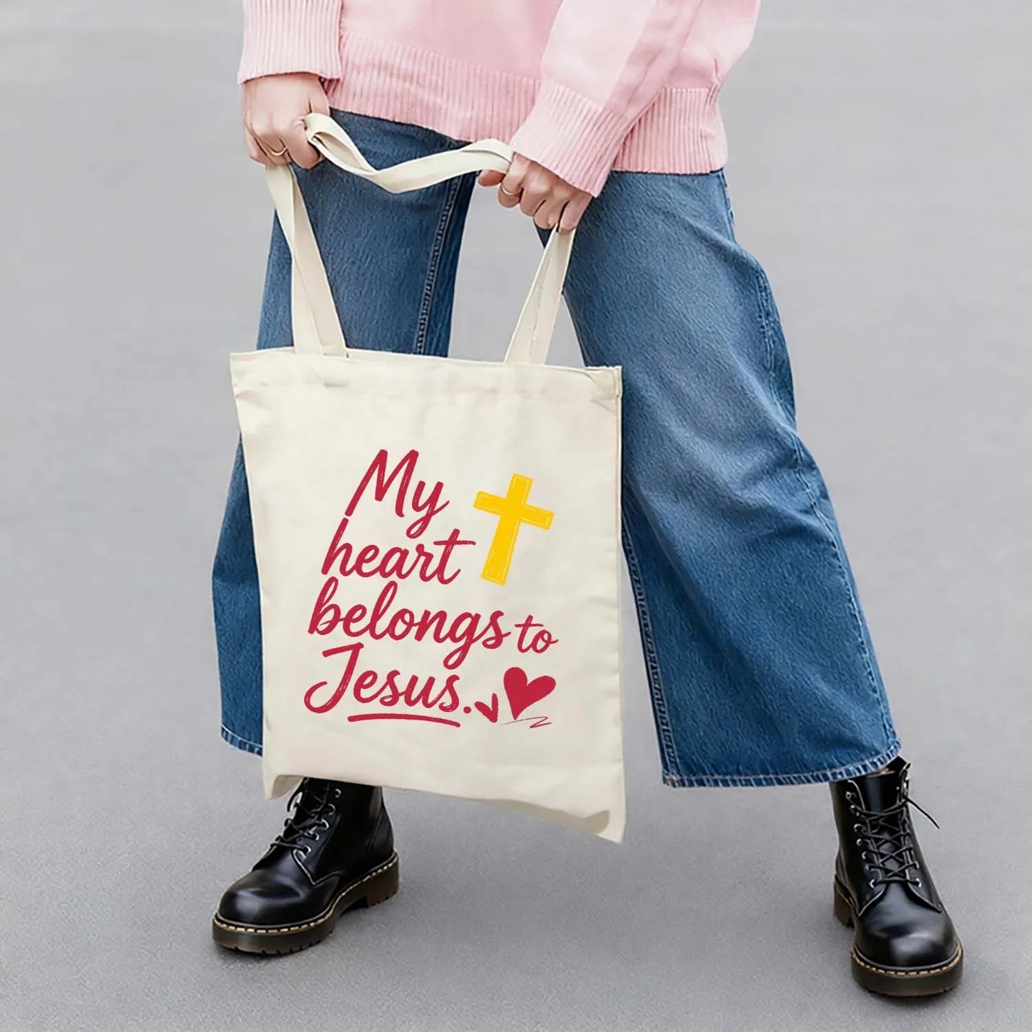 Canvas Tote Bag My Heart Belongs to Jesus Christian Cross Heart Design PrintToucan - PrintToucanChristianPrinttoucan-13.8x15.7inch（35x40）cm