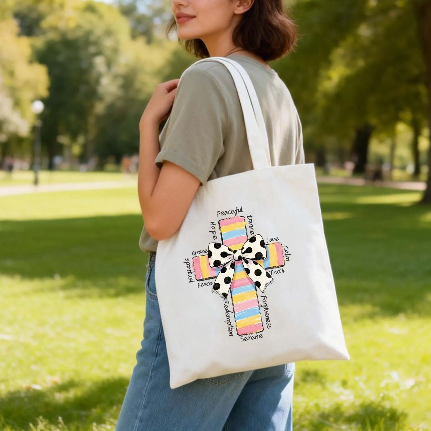 Canvas Tote Bag Rainbow Cross with Polka Dot Bow Faith Words Christian Tote PrintToucan - PrintToucanChristianPrinttoucan-13.8x15.7inch（35x40）cm