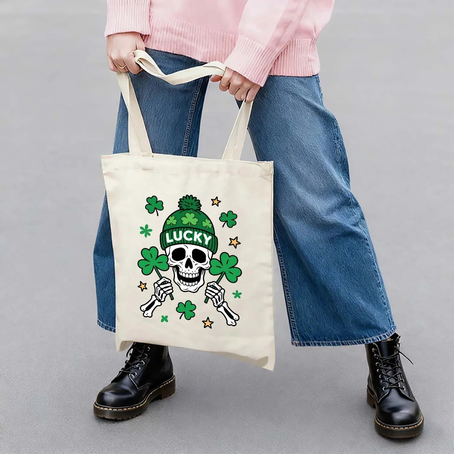 Canvas Tote Bag St Patricks Day Lucky Skull Shamrock Skeleton Green Beanie Reusable Cotton Shoulder Bag Holiday Gift Daily Use PrintToucan - PrintToucanSt. Patrick’s DayPrinttoucan-13.8x15.7inch（35x40）cm