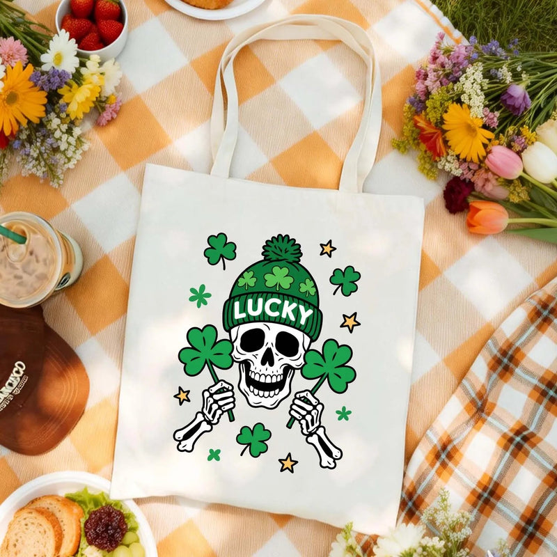Canvas Tote Bag St Patricks Day Lucky Skull Shamrock Skeleton Green Beanie Reusable Cotton Shoulder Bag Holiday Gift Daily Use PrintToucan