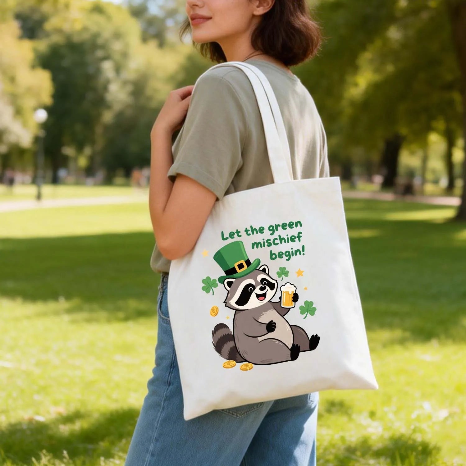 Canvas Tote Bag St Patricks Day Raccoon Let The Green Mischief Begin Leprechaun Hat Shamrock Beer Reusable Shoulder Bag PrintToucan - PrintToucanSt. Patrick’s DayPrinttoucan-13.8x15.7inch（35x40）cm