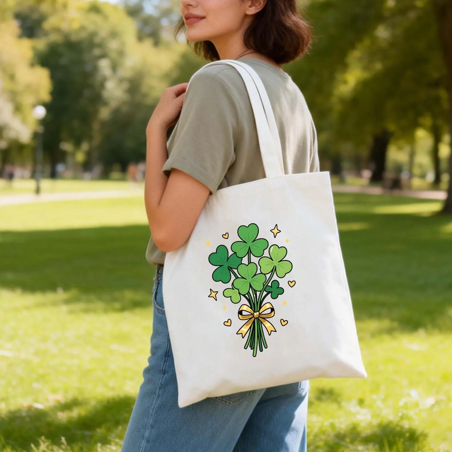 Canvas Tote Bag St Patricks Day Shamrock Bouquet Green Clover Gold Bow Reusable Shoulder Shopping Bag Holiday Gift PrintToucan - PrintToucanSt. Patrick’s DayPrinttoucan-13.8x15.7inch（35x40）cm