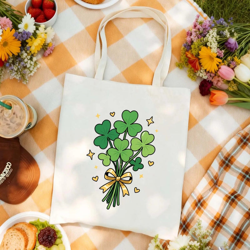 Canvas Tote Bag St Patricks Day Shamrock Bouquet Green Clover Gold Bow Reusable Shoulder Shopping Bag Holiday Gift PrintToucan