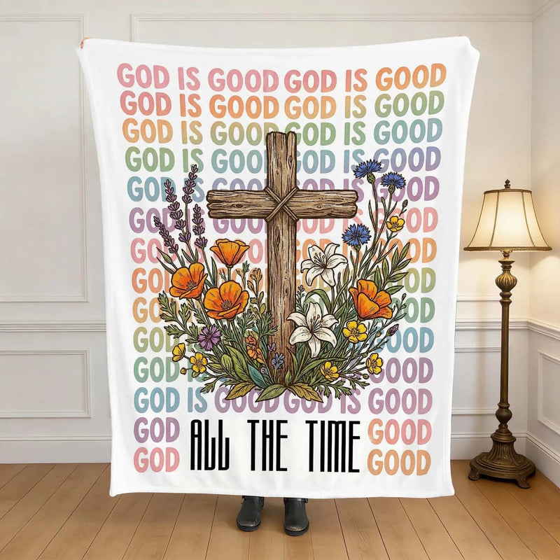 Christian Blanket God Is Good All The Time Floral Cross Gradient Pastel Scripture Throw Easter Faith Gift For Believers Home Decor PrintToucan