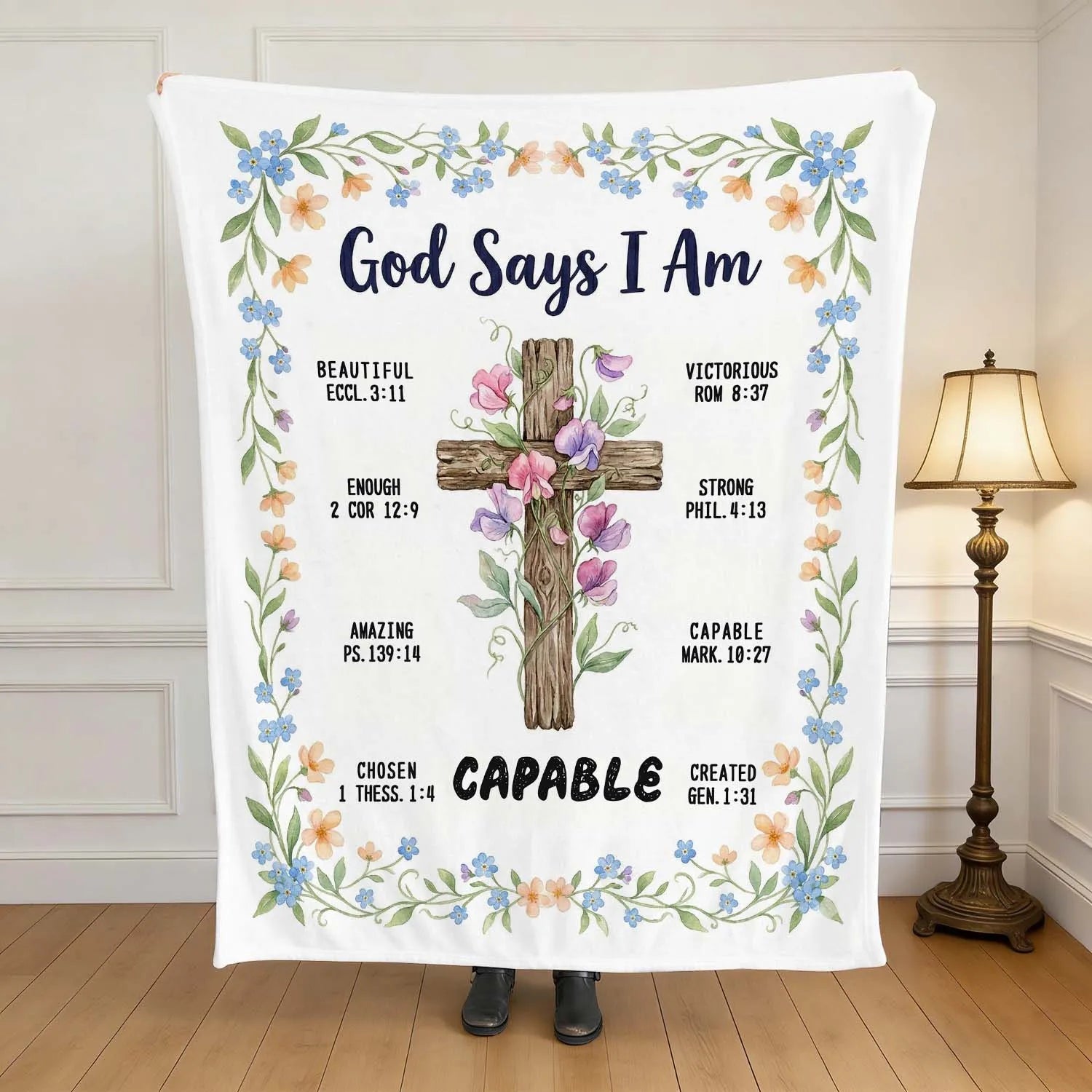Christian Blanket God Says I Am Floral Cross Bible Verse Easter Faith Throw Gift For Believers PrintToucan - PrintToucanChristianPrinttoucan-150cm x 200cm/60"x80"