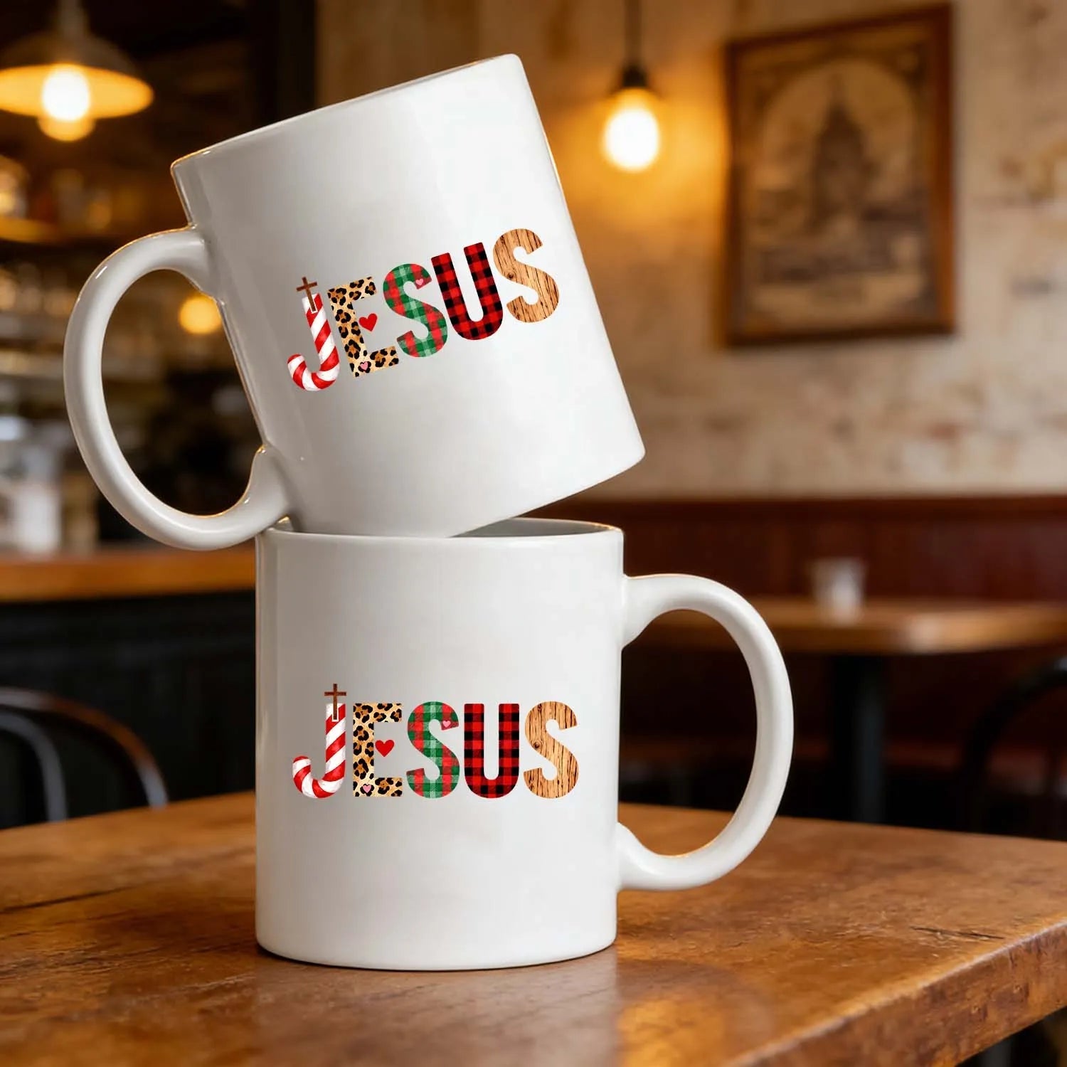 Christian Mug Christmas Jesus Leopard Plaid Patchwork Coffee Cup Religious Holiday Gift PrintToucan - PrintToucanDrinkwarePT-MUG-11OZ-LOVERS