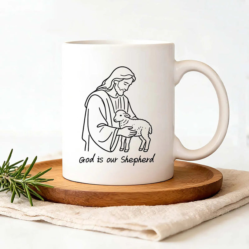 Christian Mug God Is Our Shepherd Minimalist Line Art Coffee Cup Religious Faith Gift PrintToucan