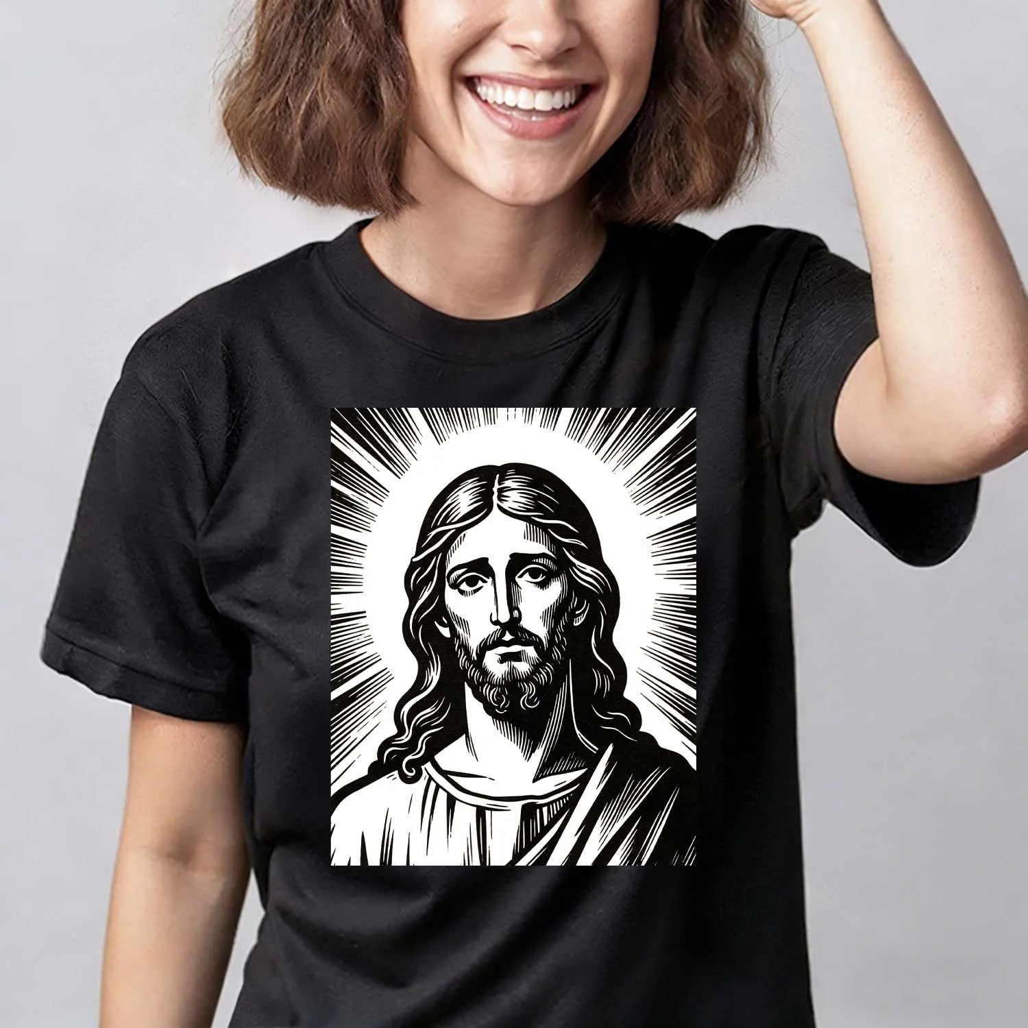 Christian T-Shirt Jesus Christ Woodcut Style Religious Portrait Faith Apparel PrintToucan - PrintToucanChristianPrinttoucan-S