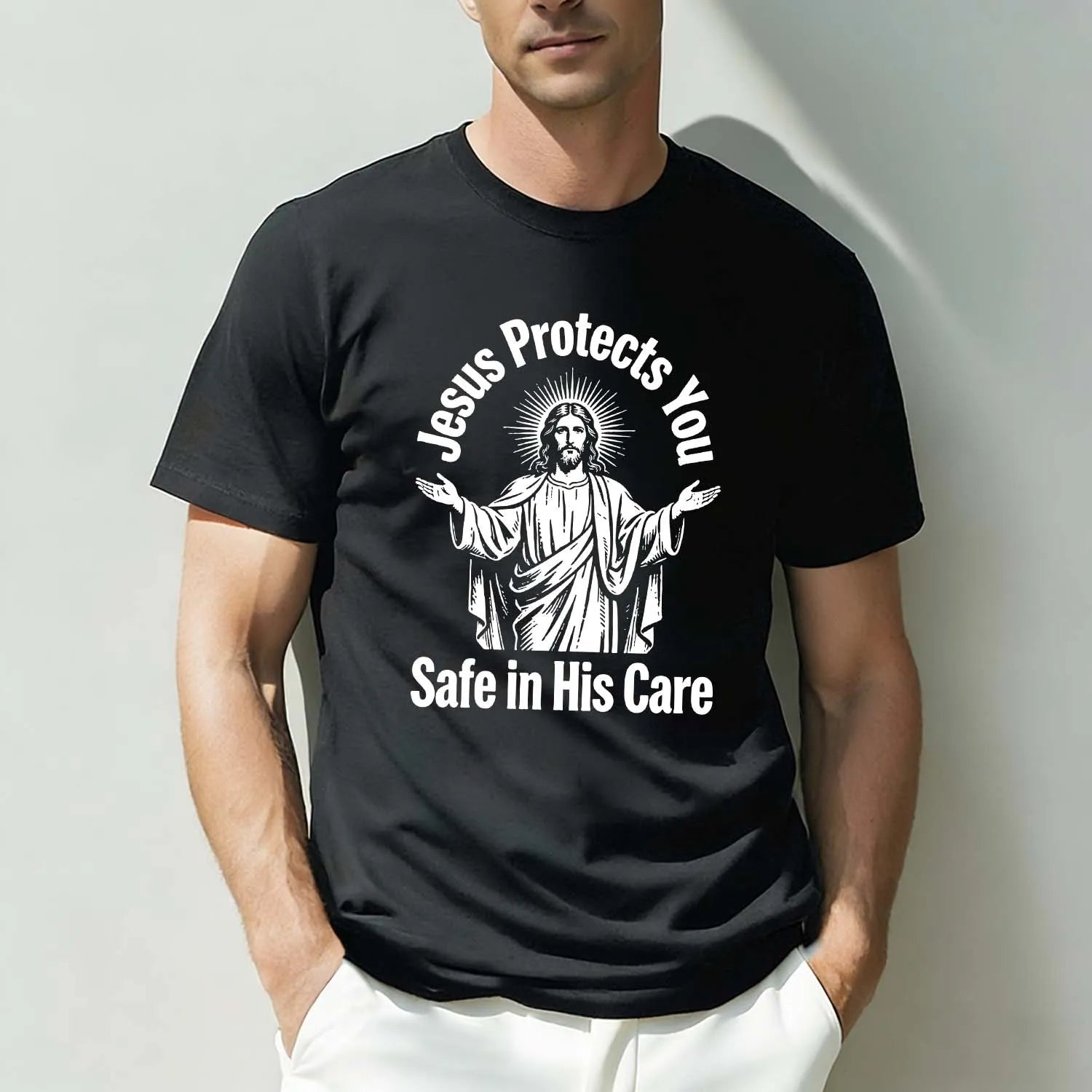Christian T-Shirt Jesus Protects You Safe In His Care With Bow Vintage Religious Graphic Tee PrintToucan - PrintToucanChristianPrinttoucan-S