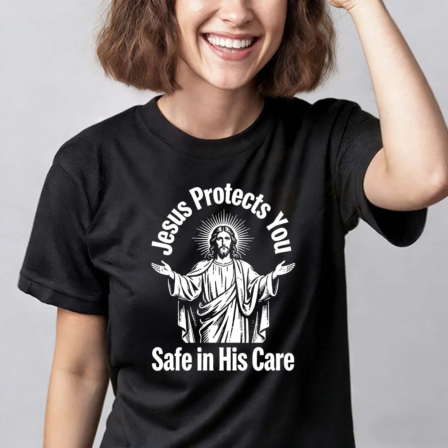 Christian T-Shirt Jesus Protects You Safe In His Care With Bow Vintage Religious Graphic Tee PrintToucan - PrintToucanChristianPrinttoucan-S