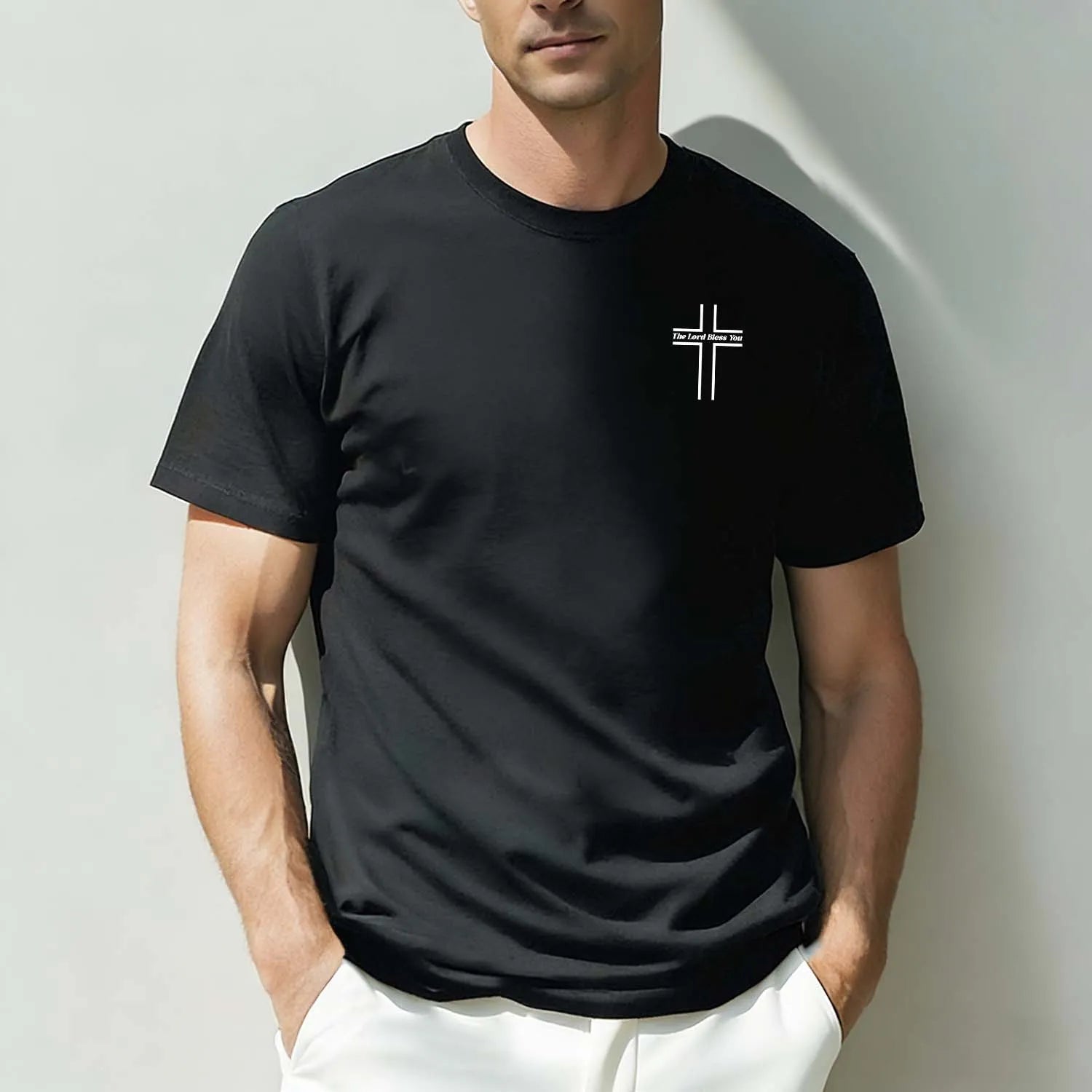 Christian T-Shirt Minimalist Cross "The Lord Bless You" With Bow Faith - Based Tee PrintToucan - PrintToucanChristianPrinttoucan-S