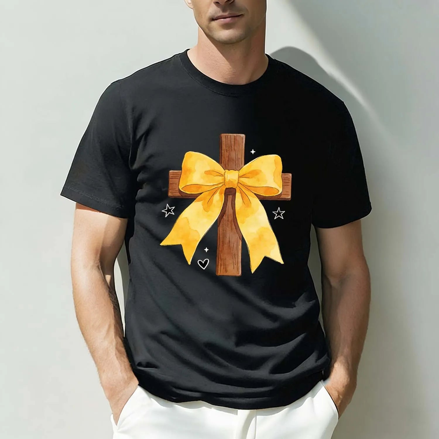 Christian T-Shirt Watercolor Cross With Yellow Bow Cute Faith - Based Apparel For Women PrintToucan - PrintToucanChristianPrinttoucan-S