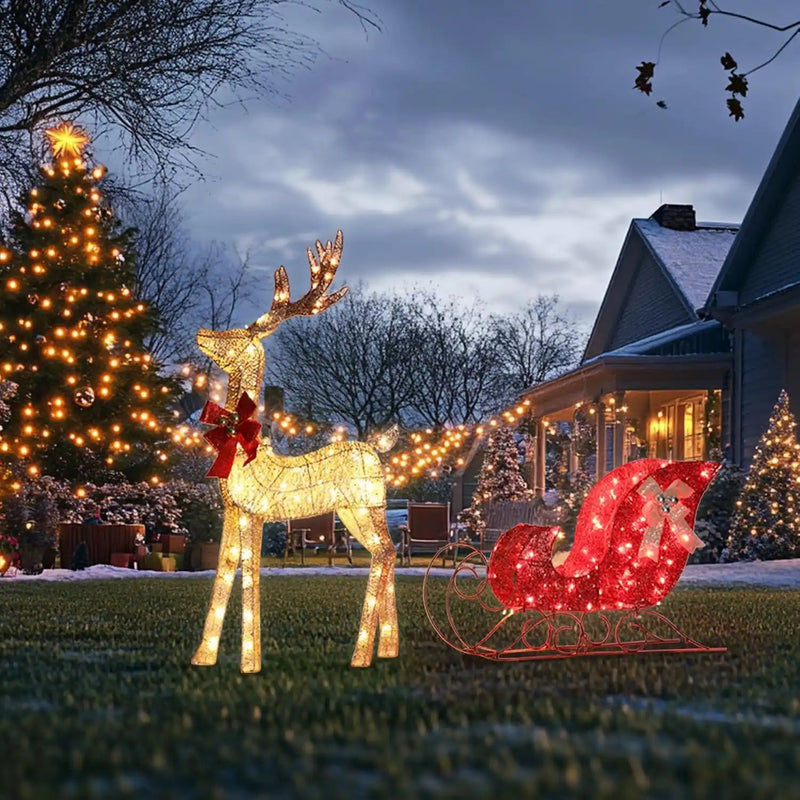 Christmas Deer Decoration Light Up Christmas Decor Deer Set With Sleigh, Holiday Outdoor & Indoor Display  PrintToucan