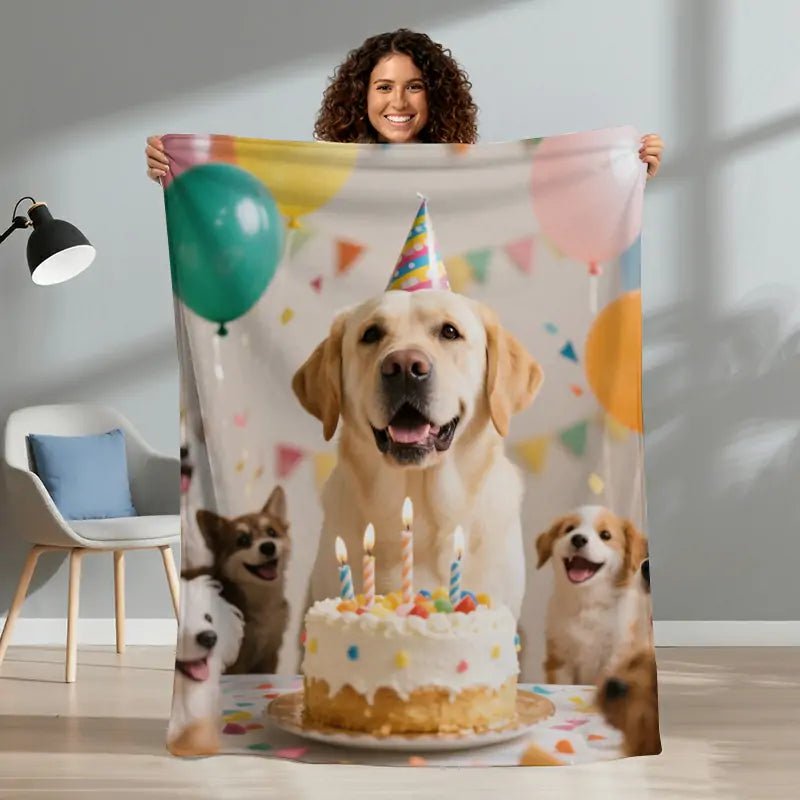 Custom flannel blanket with pet birthday scene (dogs, cake, balloons), ideal for pet birthday gifts | PrintToucan