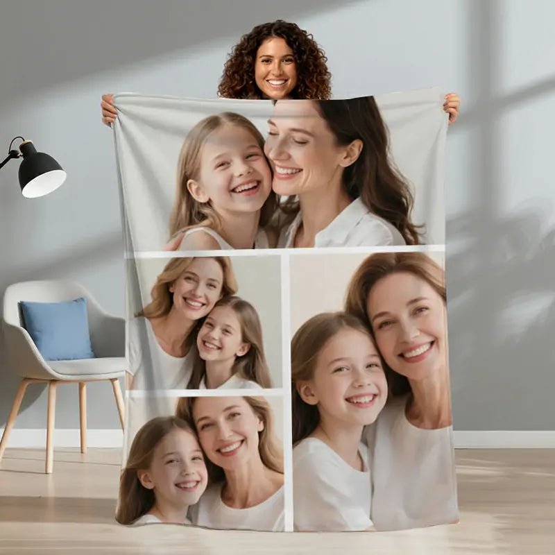 Custom flannel blanket with family photos, held in indoor scene, ideal for family gifts | PrintToucan