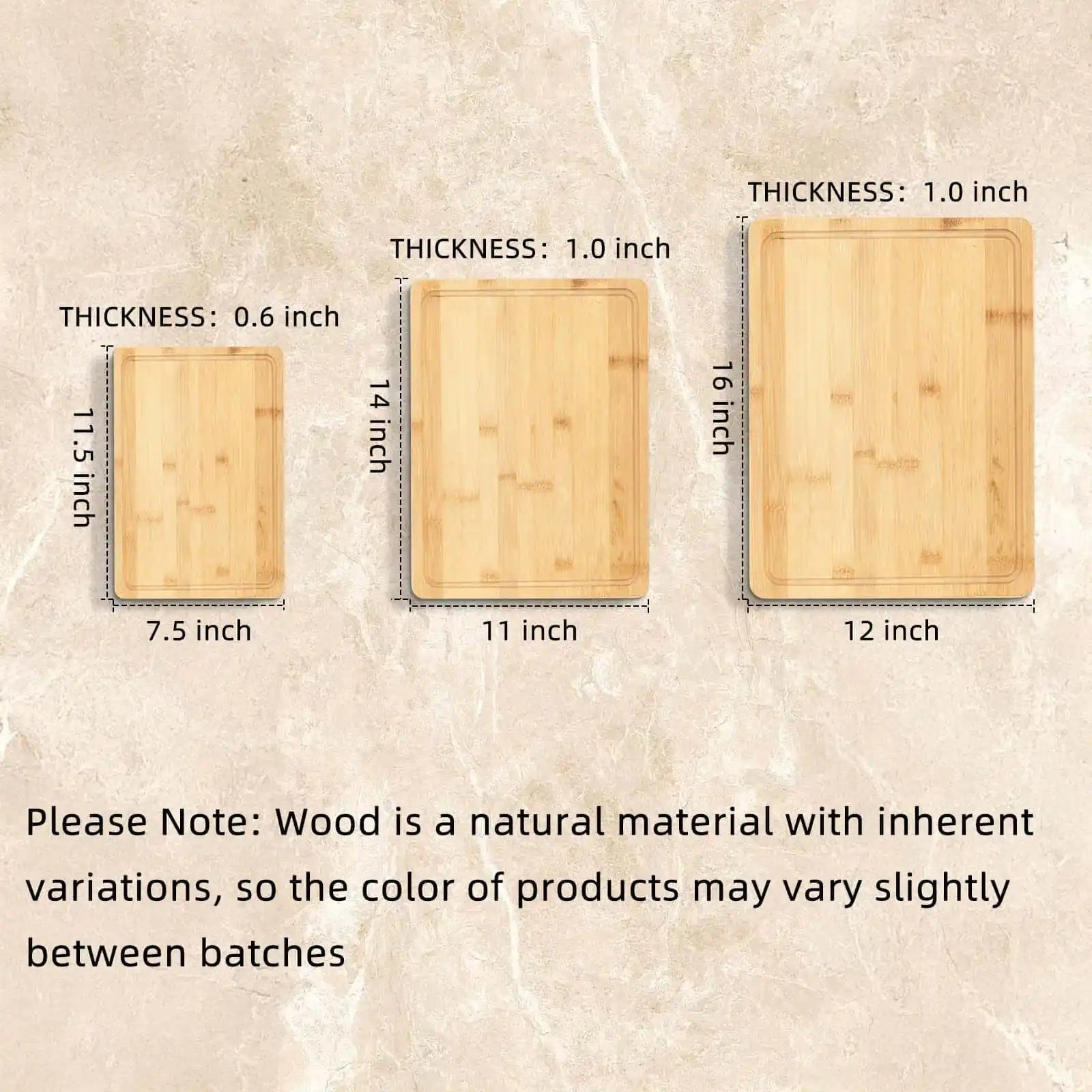 Various Sizes of Bamboo Custom Cutting Boards – Thickness & Dimensions Displayed | PrintToucan