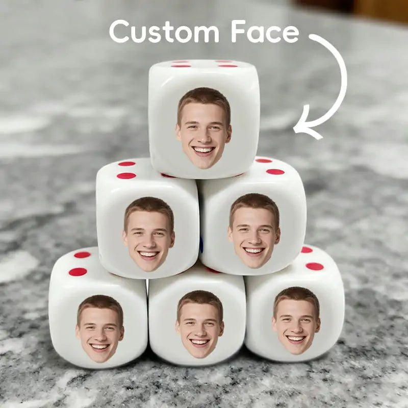 Stacked white acrylic custom face dice on marble, labeled “Custom Face” for family party gifts | PrintToucan