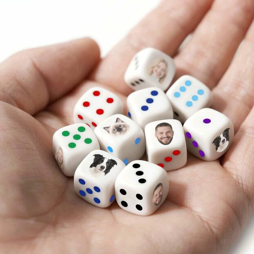 White acrylic custom dice with colorful dots & personalized face/animal photos, ideal for party & family gifts | PrintToucan