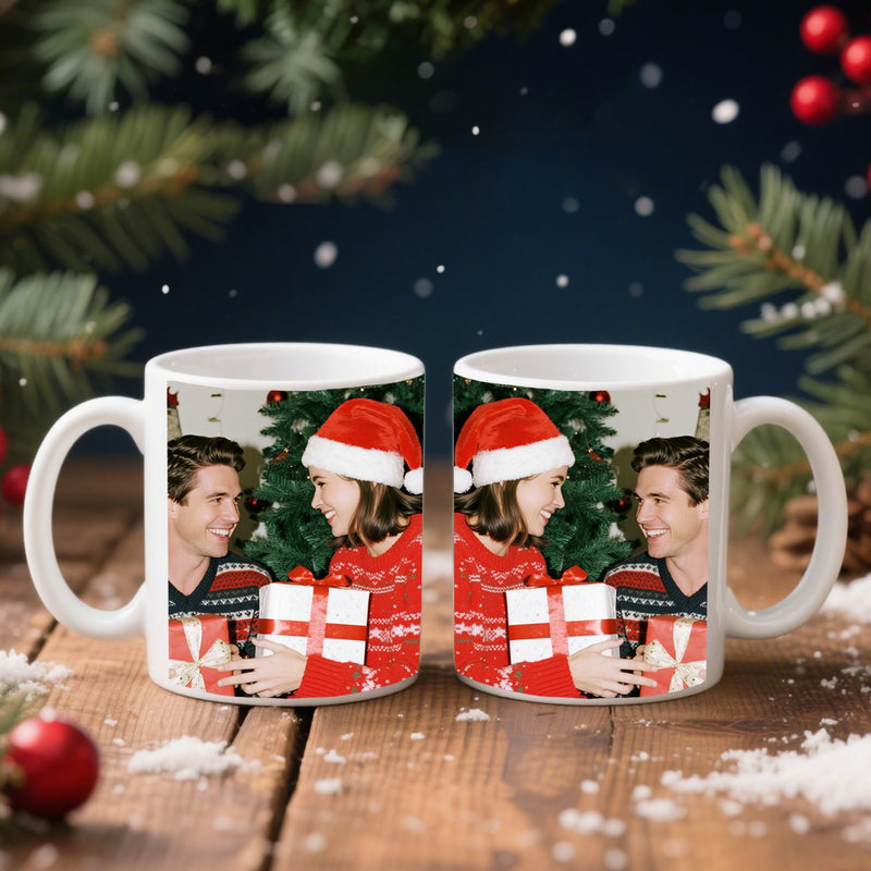 Custom Mug Christmas Couple Photo Set Personalized Matching Coffee Cups PrintToucan