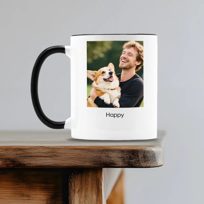 Custom Mug with man, corgi photo, “Happy” text