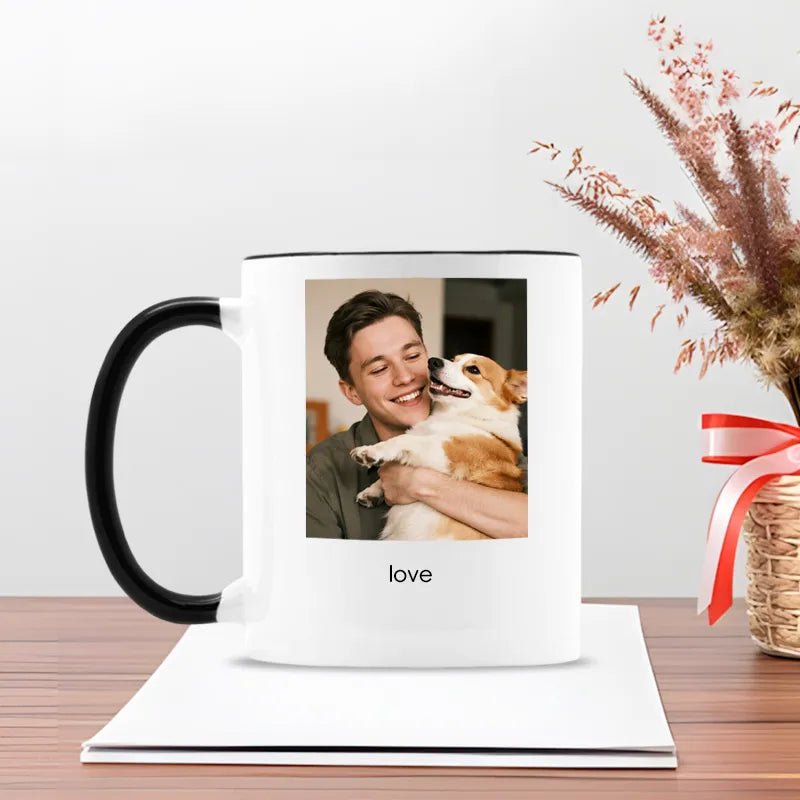 Custom Mug with man, corgi photo, “love” text