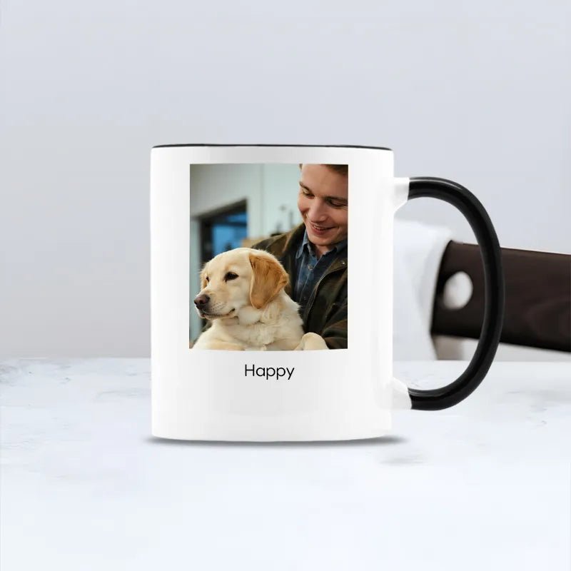 Custom Mug with man, dog photo, “Happy” text
