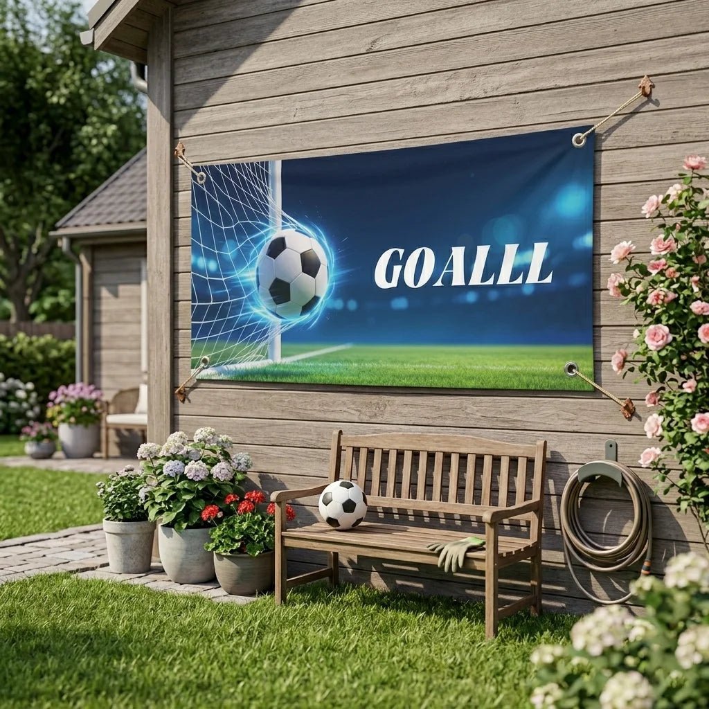 PrintToucan weatherproof soccer GOALLL banner hanging on wooden house wall, outdoor football fan decor for backyard and patio