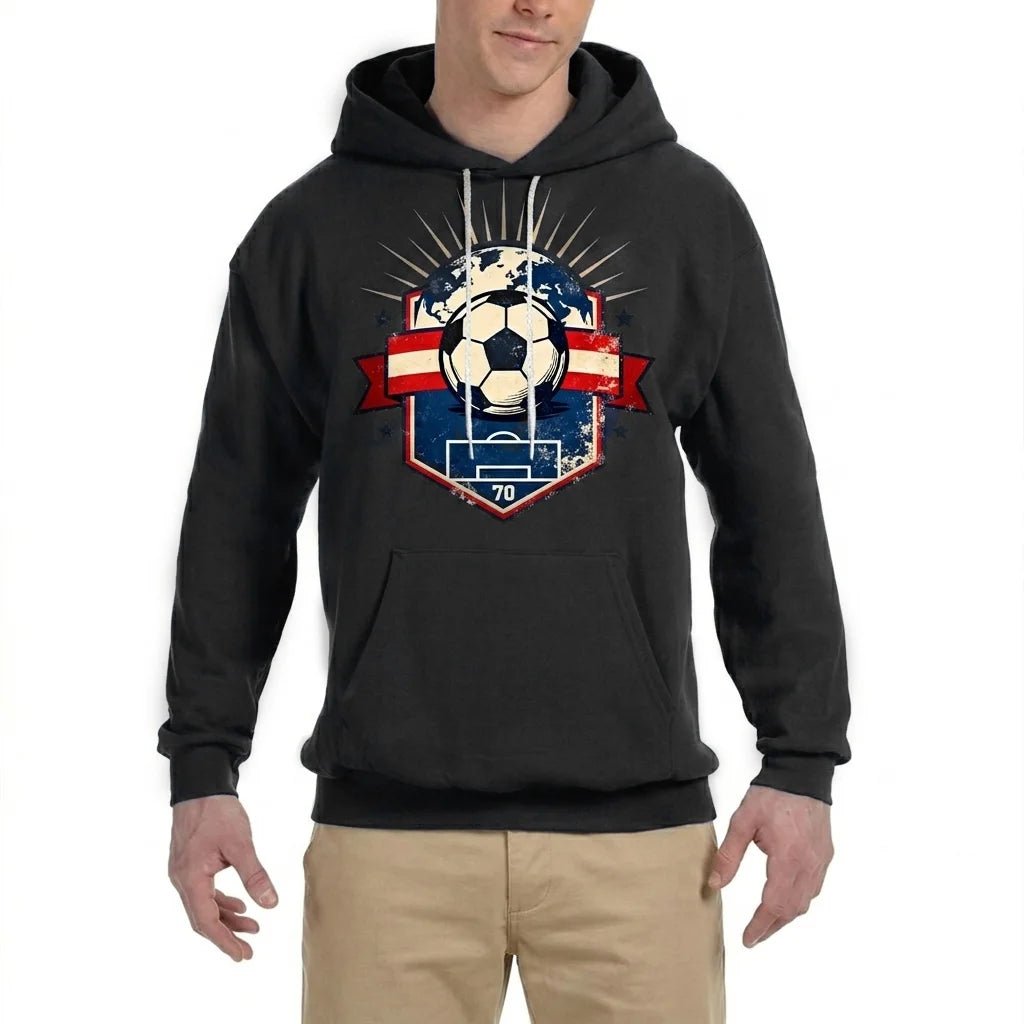 Elevate your casual wardrobe with this black soccer hoodie. The distressed vintage print and classic design make it a go-to for any football fan.